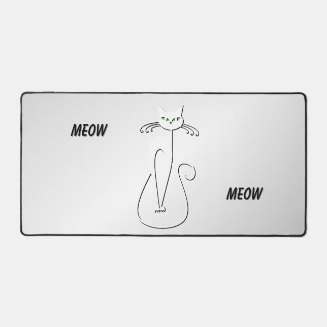 Slinky Black Cat Meow Meow Green Eyes on silver Desk Mat (Front)