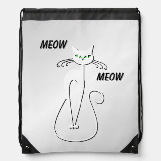 Slinky Black Cat Meow Meow Green Eyes on Silver Drawstring Bag