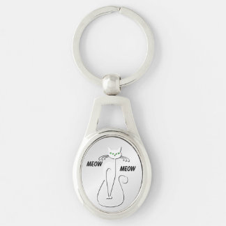Slinky Black Cat Meow Meow Green Eyes on Silver Keychain