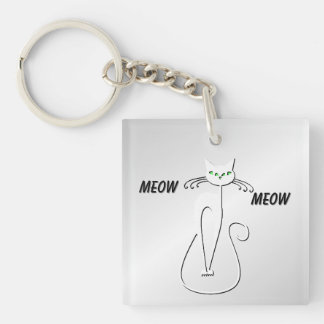 Slinky Black Cat Meow Meow Green Eyes on Silver Keychain