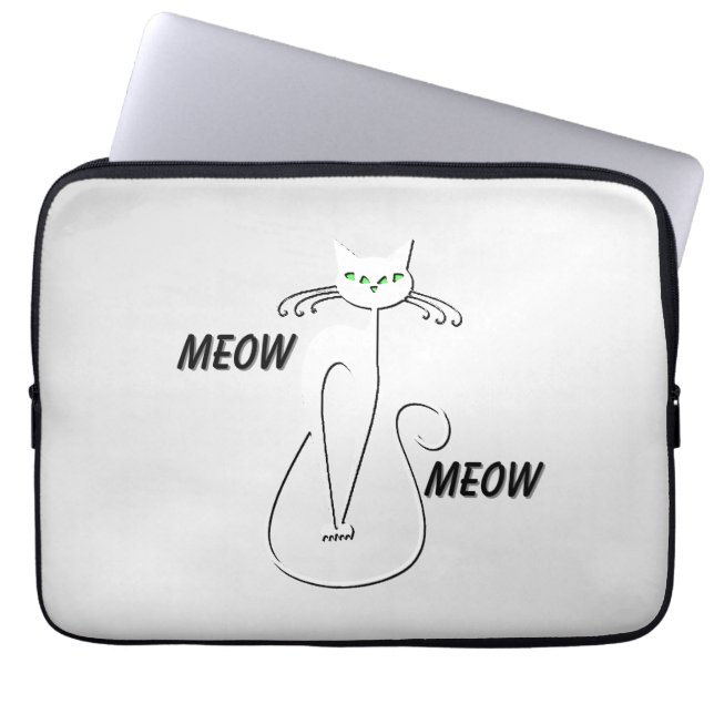 Slinky Black Cat Meow Meow Green Eyes on silver Laptop Sleeve (Front)
