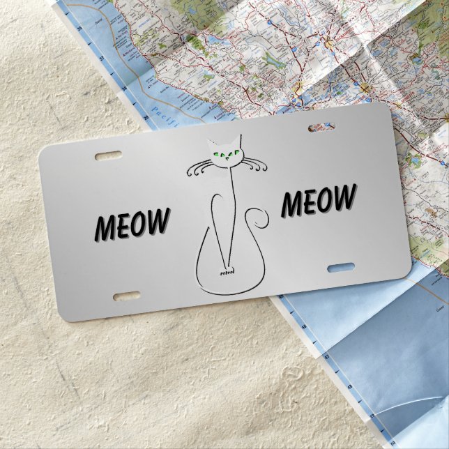 Slinky Black Cat Meow Meow Green Eyes on silver License Plate (In Situ)
