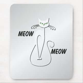 Slinky Black Cat Meow Meow Green Eyes on silver Mouse Pad
