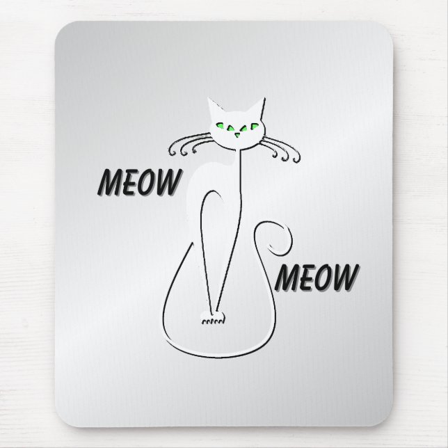 Slinky Black Cat Meow Meow Green Eyes on silver Mouse Pad (Front)