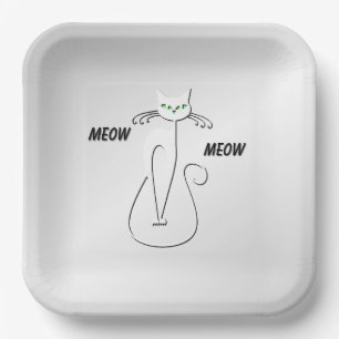 Slinky Black Cat Meow Meow Green Eyes on silver Paper Plates