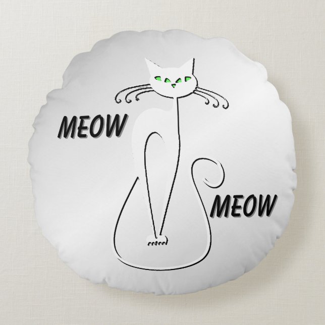 Slinky Black Cat Meow Meow Green Eyes on silver Round Pillow (Front)