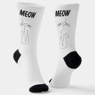 Slinky Black Cat Meow Meow Green Eyes on silver Socks