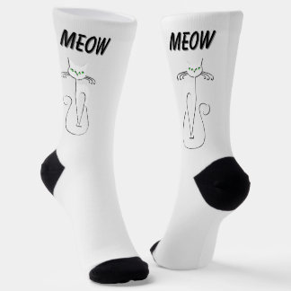 Slinky Black Cat Meow Meow Green Eyes on silver Socks