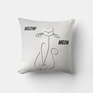 Slinky Black Cat Meow Meow Green Eyes on silver Throw Pillow