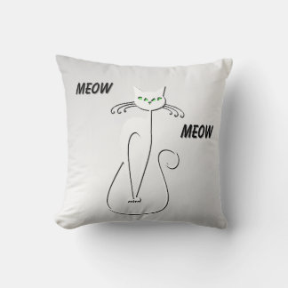 Slinky Black Cat Meow Meow Green Eyes on silver Throw Pillow