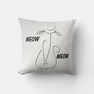 Slinky Black Cat Meow Meow Green Eyes on silver Throw Pillow
