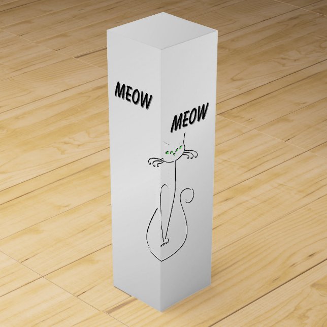 Slinky Black Cat Meow Meow Green Eyes on silver Wine Box (Front)