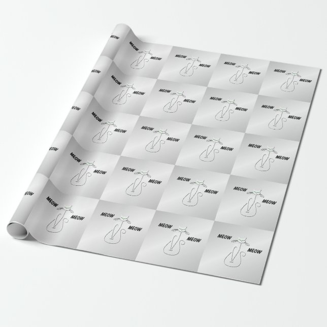 Slinky Black Cat Meow Meow Green Eyes on silver Wrapping Paper (Unrolled)