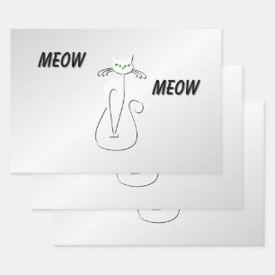 Slinky Black Cat Meow Meow Green Eyes on silver Wrapping Paper Sheets