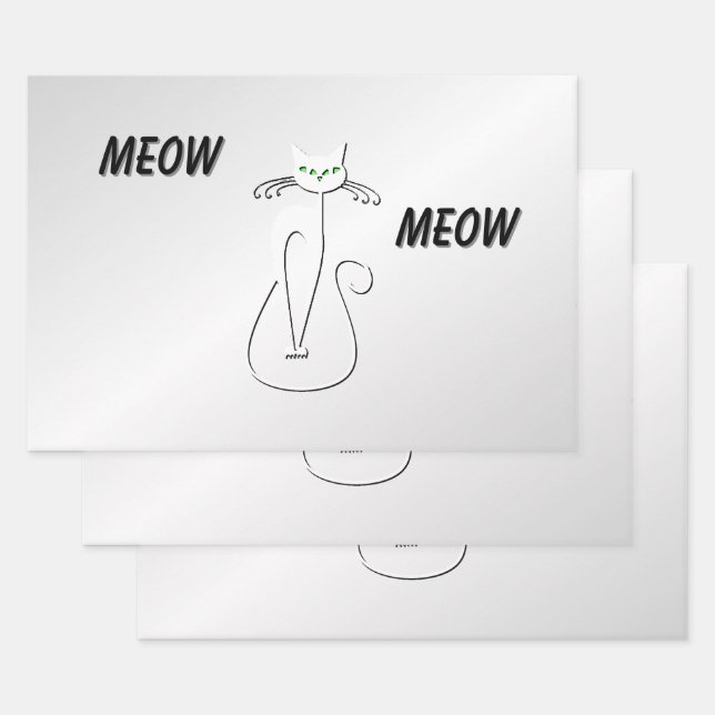 Slinky Black Cat Meow Meow Green Eyes on silver Wrapping Paper Sheets (Set)
