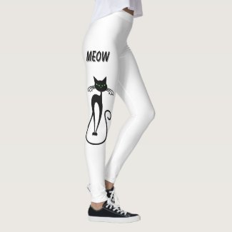 Slinky Black Cat Meow Meow Green Eyes on White