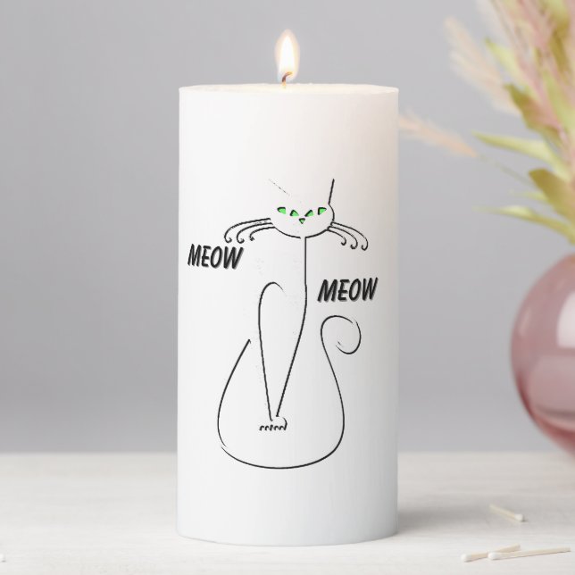 Slinky Black Cat Meow Meow Green Eyes Pillar Candle (In Situ)