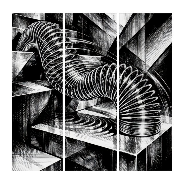 Slinky Tumbling Down Steel Steps Triptych (Front)