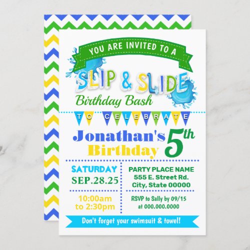 Slip and slide birthday bash blue green party invitation