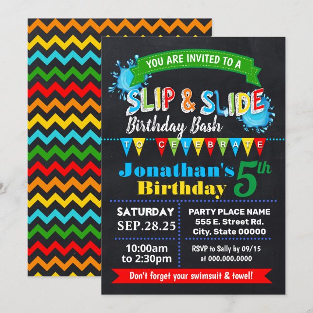 Slip and slide birthday bash chalkboard party invitation (Front/Back)