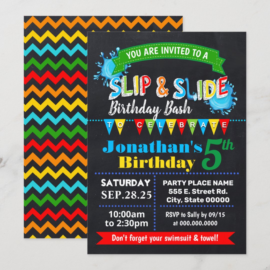 Slip and slide birthday bash chalkboard party invitation Zazzle
