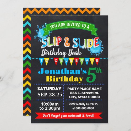 Slip and slide birthday bash chalkboard party invitation