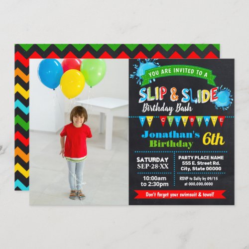 Slip and slide birthday bash chalkboard photo invitation