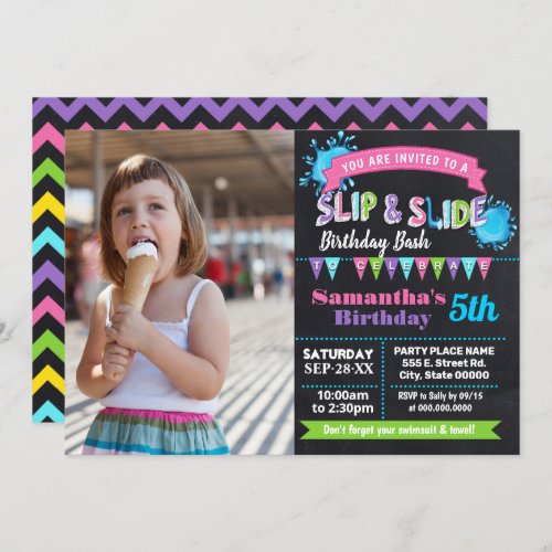 Slip and slide birthday bash pink Chalkboard photo Invitation