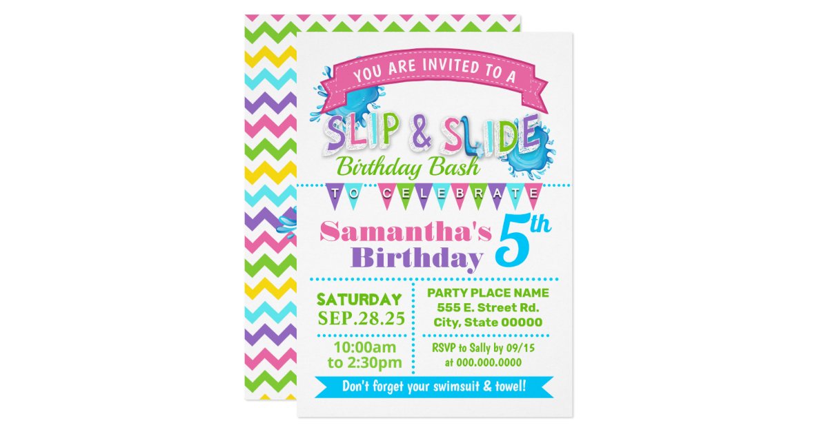 Slip and slide birthday bash pink teal green party invitation