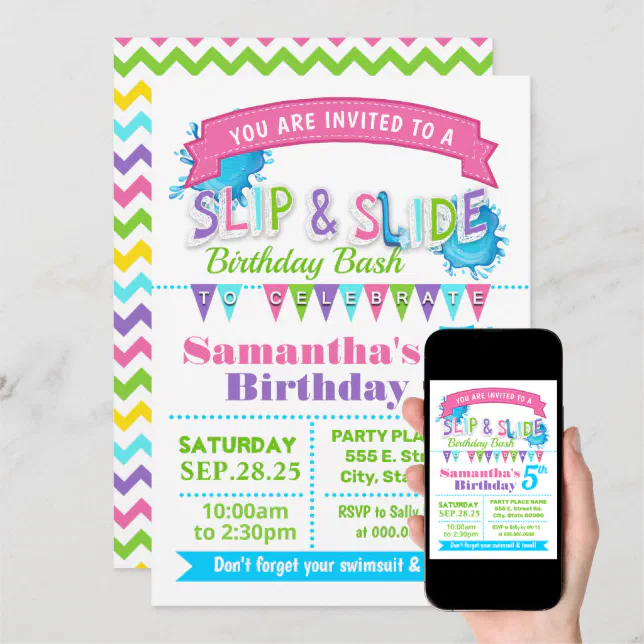 Slip and slide birthday bash pink teal green party invitation Zazzle