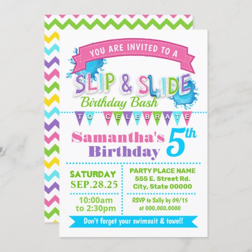 Slip and slide birthday bash pink teal green party invitation