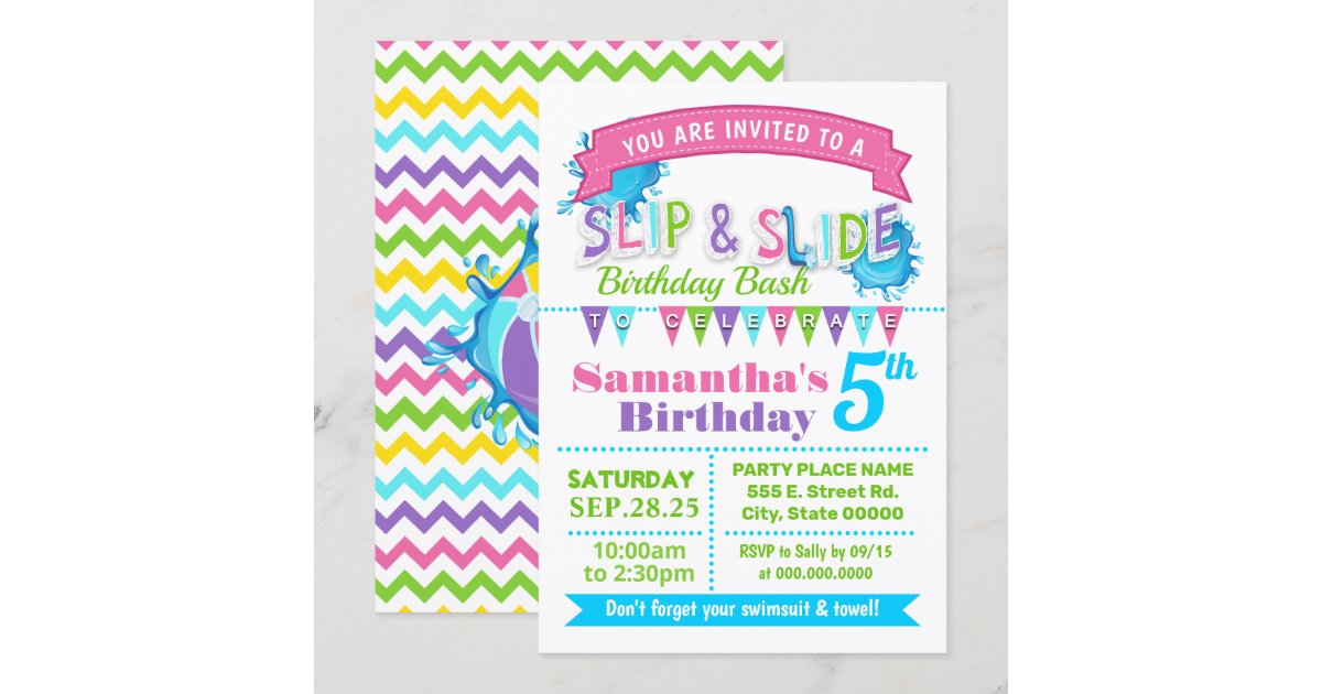Slip and slide birthday bash pink teal green party invitation Zazzle