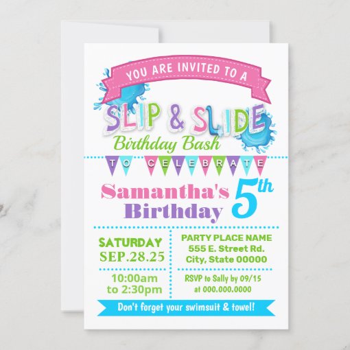 Slip and slide birthday bash pink teal green party invitation Zazzle