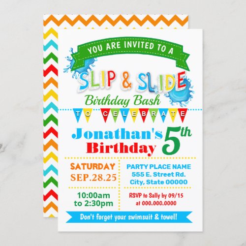 Slip and slide birthday bash primary colors party invitation