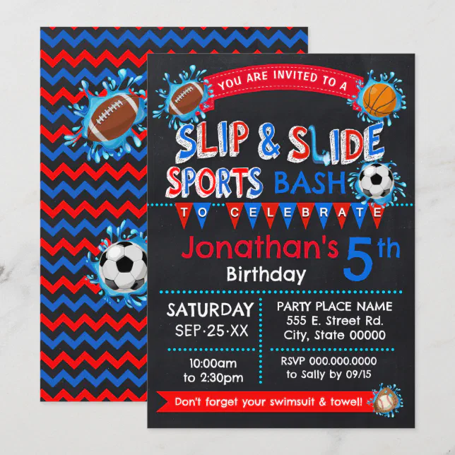 Slip and Slide Sports Birthday Bash Red White Blue Invitation | Zazzle