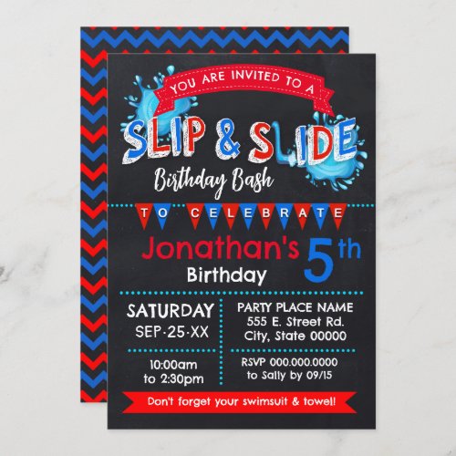 Slip and Slide Summer Birthday Bash Red White Blue Invitation