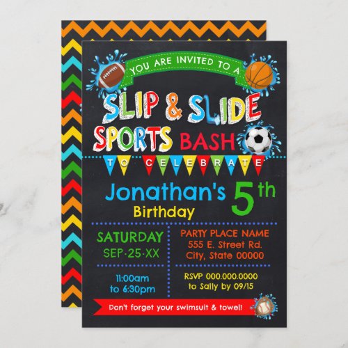 Slip  Slide Sports Birthday Bash Primary Colors Invitation