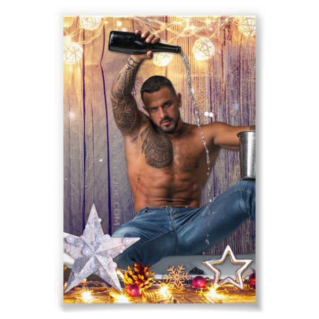 SlipperyJoe Christmas-themed wet hairy shirtless m Photo Print (Front)