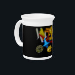 SlipperyJoe Hanukkah symbolic still life holiday e Beverage Pitcher<br><div class="desc">SlipperyJoe Hanukkah symbolic still life holiday essence vibrant meaningful objects colorful slender pile menorah candles artistic red blue yellow and white sufganiyah doughnut classic jelly-filled commemorate miracle of the oil dreidels metallic gold glossy blue Hebrew great miracle happened there metallic pewter star of David medallion light resilience community themes spiritual...</div>
