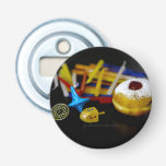 SlipperyJoe Hanukkah symbolic still life holiday e Bottle Opener<br><div class="desc">SlipperyJoe Hanukkah symbolic still life holiday essence vibrant meaningful objects colorful slender pile menorah candles artistic red blue yellow and white sufganiyah doughnut classic jelly-filled commemorate miracle of the oil dreidels metallic gold glossy blue Hebrew great miracle happened there metallic pewter star of David medallion light resilience community themes spiritual...</div>