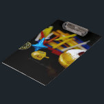 SlipperyJoe Hanukkah symbolic still life holiday e Clipboard<br><div class="desc">SlipperyJoe Hanukkah symbolic still life holiday essence vibrant meaningful objects colorful slender pile menorah candles artistic red blue yellow and white sufganiyah doughnut classic jelly-filled commemorate miracle of the oil dreidels metallic gold glossy blue Hebrew great miracle happened there metallic pewter star of David medallion light resilience community themes spiritual...</div>