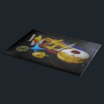 SlipperyJoe Hanukkah symbolic still life holiday e Cutting Board<br><div class="desc">SlipperyJoe Hanukkah symbolic still life holiday essence vibrant meaningful objects colorful slender pile menorah candles artistic red blue yellow and white sufganiyah doughnut classic jelly-filled commemorate miracle of the oil dreidels metallic gold glossy blue Hebrew great miracle happened there metallic pewter star of David medallion light resilience community themes spiritual...</div>