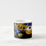 SlipperyJoe Hanukkah symbolic still life holiday e Espresso Cup<br><div class="desc">SlipperyJoe Hanukkah symbolic still life holiday essence vibrant meaningful objects colorful slender pile menorah candles artistic red blue yellow and white sufganiyah doughnut classic jelly-filled commemorate miracle of the oil dreidels metallic gold glossy blue Hebrew great miracle happened there metallic pewter star of David medallion light resilience community themes spiritual...</div>
