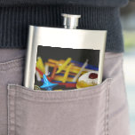 SlipperyJoe Hanukkah symbolic still life holiday e Flask<br><div class="desc">SlipperyJoe Hanukkah symbolic still life holiday essence vibrant meaningful objects colorful slender pile menorah candles artistic red blue yellow and white sufganiyah doughnut classic jelly-filled commemorate miracle of the oil dreidels metallic gold glossy blue Hebrew great miracle happened there metallic pewter star of David medallion light resilience community themes spiritual...</div>