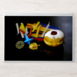SlipperyJoe Hanukkah symbolic still life holiday e HP Laptop Skin<br><div class="desc">SlipperyJoe Hanukkah symbolic still life holiday essence vibrant meaningful objects colorful slender pile menorah candles artistic red blue yellow and white sufganiyah doughnut classic jelly-filled commemorate miracle of the oil dreidels metallic gold glossy blue Hebrew great miracle happened there metallic pewter star of David medallion light resilience community themes spiritual...</div>