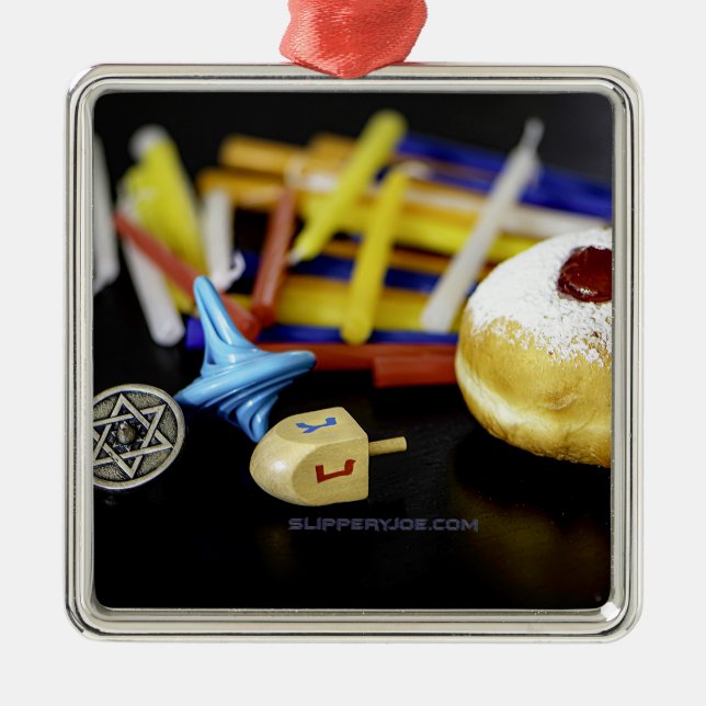 SlipperyJoe Hanukkah symbolic still life holiday e Metal Ornament (Front)