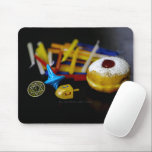 SlipperyJoe Hanukkah symbolic still life holiday e Mouse Pad<br><div class="desc">SlipperyJoe Hanukkah symbolic still life holiday essence vibrant meaningful objects colorful slender pile menorah candles artistic red blue yellow and white sufganiyah doughnut classic jelly-filled commemorate miracle of the oil dreidels metallic gold glossy blue Hebrew great miracle happened there metallic pewter star of David medallion light resilience community themes spiritual...</div>