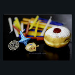 SlipperyJoe Hanukkah symbolic still life holiday e Poster<br><div class="desc">SlipperyJoe Hanukkah symbolic still life holiday essence vibrant meaningful objects colorful slender pile menorah candles artistic red blue yellow and white sufganiyah doughnut classic jelly-filled commemorate miracle of the oil dreidels metallic gold glossy blue Hebrew great miracle happened there metallic pewter star of David medallion light resilience community themes spiritual...</div>