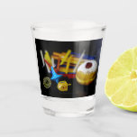 SlipperyJoe Hanukkah symbolic still life holiday e Shot Glass<br><div class="desc">SlipperyJoe Hanukkah symbolic still life holiday essence vibrant meaningful objects colorful slender pile menorah candles artistic red blue yellow and white sufganiyah doughnut classic jelly-filled commemorate miracle of the oil dreidels metallic gold glossy blue Hebrew great miracle happened there metallic pewter star of David medallion light resilience community themes spiritual...</div>