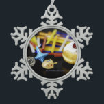 SlipperyJoe Hanukkah symbolic still life holiday e Snowflake Pewter Christmas Ornament<br><div class="desc">SlipperyJoe Hanukkah symbolic still life holiday essence vibrant meaningful objects colorful slender pile menorah candles artistic red blue yellow and white sufganiyah doughnut classic jelly-filled commemorate miracle of the oil dreidels metallic gold glossy blue Hebrew great miracle happened there metallic pewter star of David medallion light resilience community themes spiritual...</div>